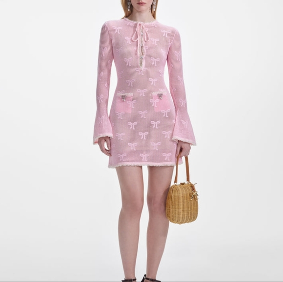 open lace back dress SELF PORTRAIT Pink Embellished Bow-detailed Bouclé-tweed Mini Dress UK –  Reliked